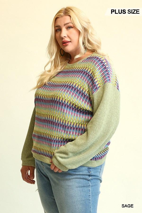 Novelty Knit And Solid Knit Mixed Loose Top With Drop Down Shoulder - Leur Beau Monde Boutique