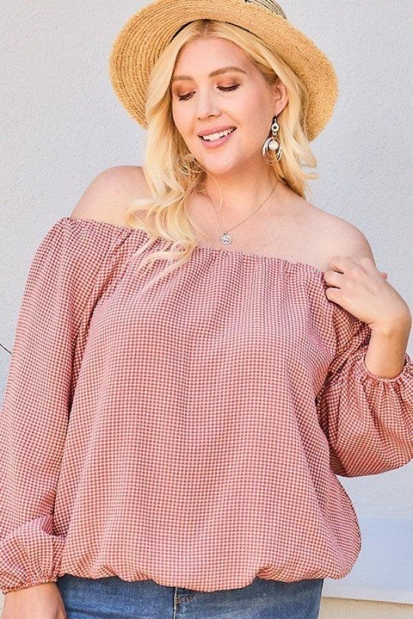 Off Shoulder Long Bubble Sleeve Plaid Top - Leur Beau Monde Boutique