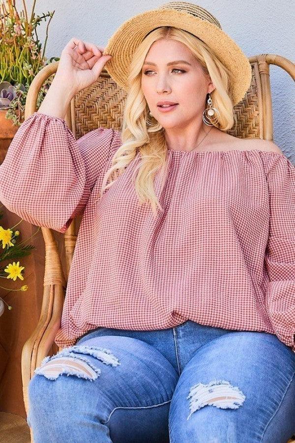 Off Shoulder Long Bubble Sleeve Plaid Top - Leur Beau Monde Boutique