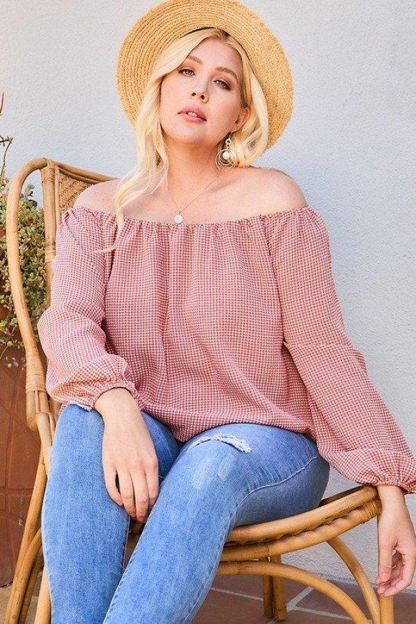 Off Shoulder Long Bubble Sleeve Plaid Top - Leur Beau Monde Boutique