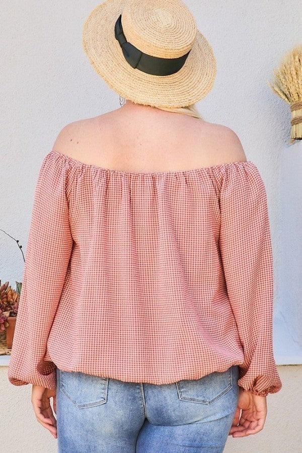 Off Shoulder Long Bubble Sleeve Plaid Top - Leur Beau Monde Boutique