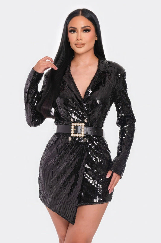 Pearl Belted Sequin Blazer Mini Dress - Leur Beau Monde Boutique