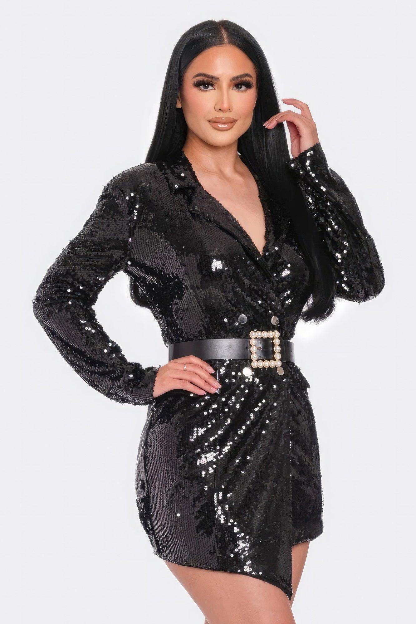 Pearl Belted Sequin Blazer Mini Dress - Leur Beau Monde Boutique