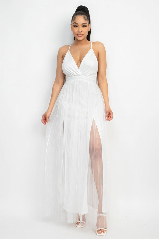 Pleated Mesh Slit Maxi Dress - Leur Beau Monde Boutique