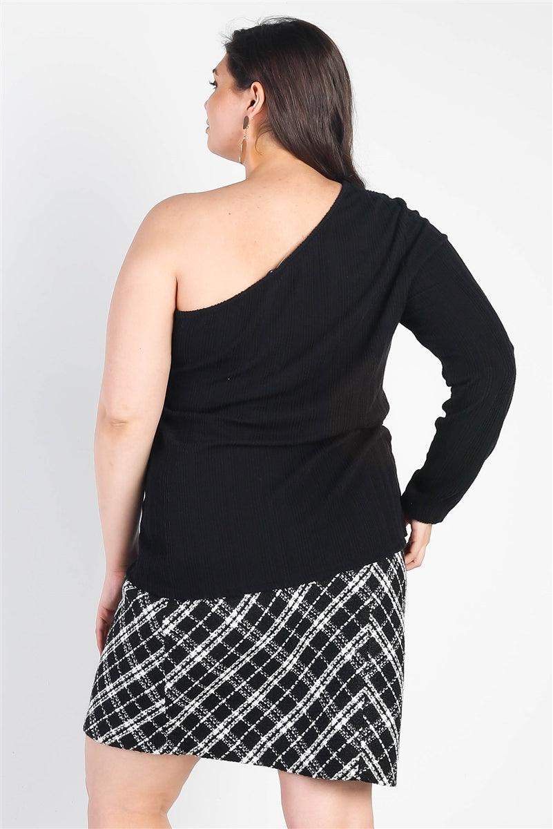 Plus Black Ribbed One Shoulder Top - Leur Beau Monde Boutique