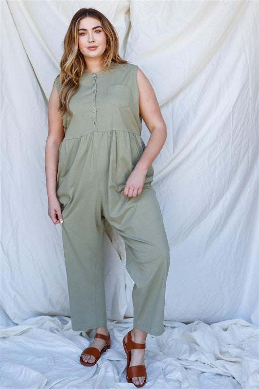 Plus Cotton Front Button Up Detail Sleeveless Jumpsuit - Leur Beau Monde Boutique