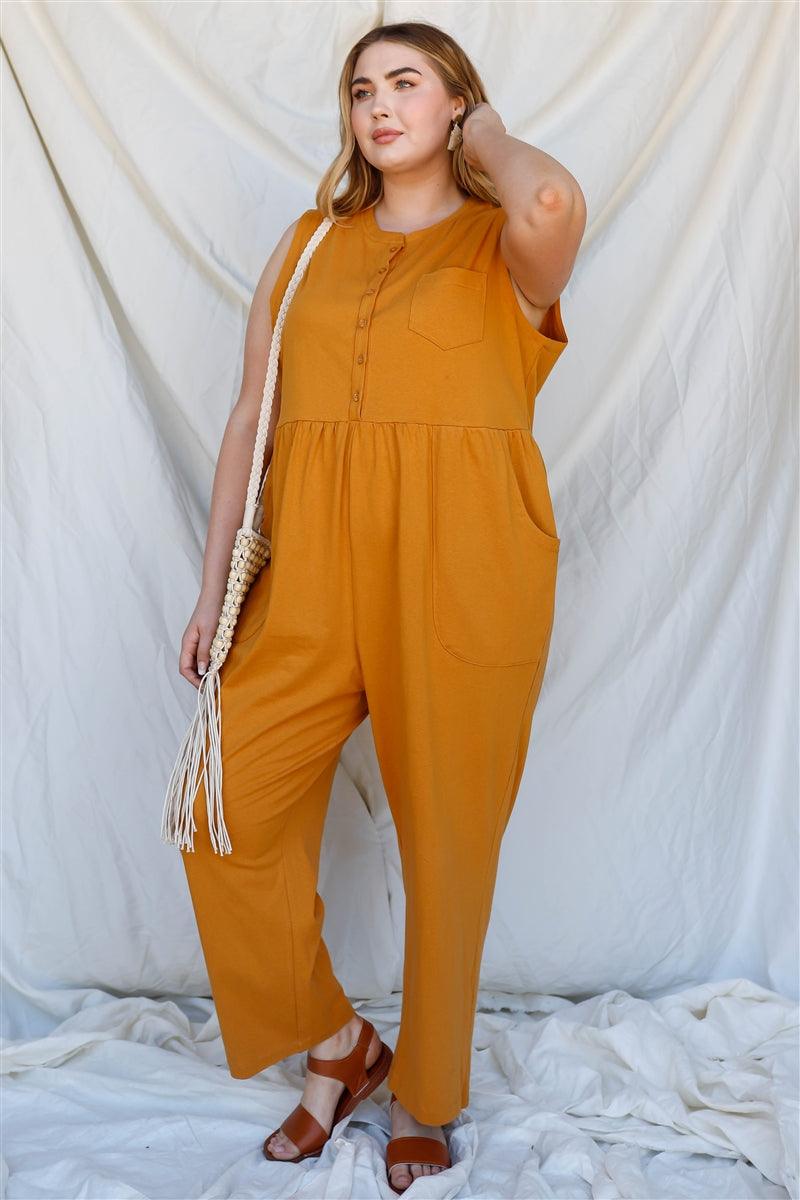 Plus Cotton Front Button Up Detail Sleeveless Jumpsuit - Leur Beau Monde Boutique