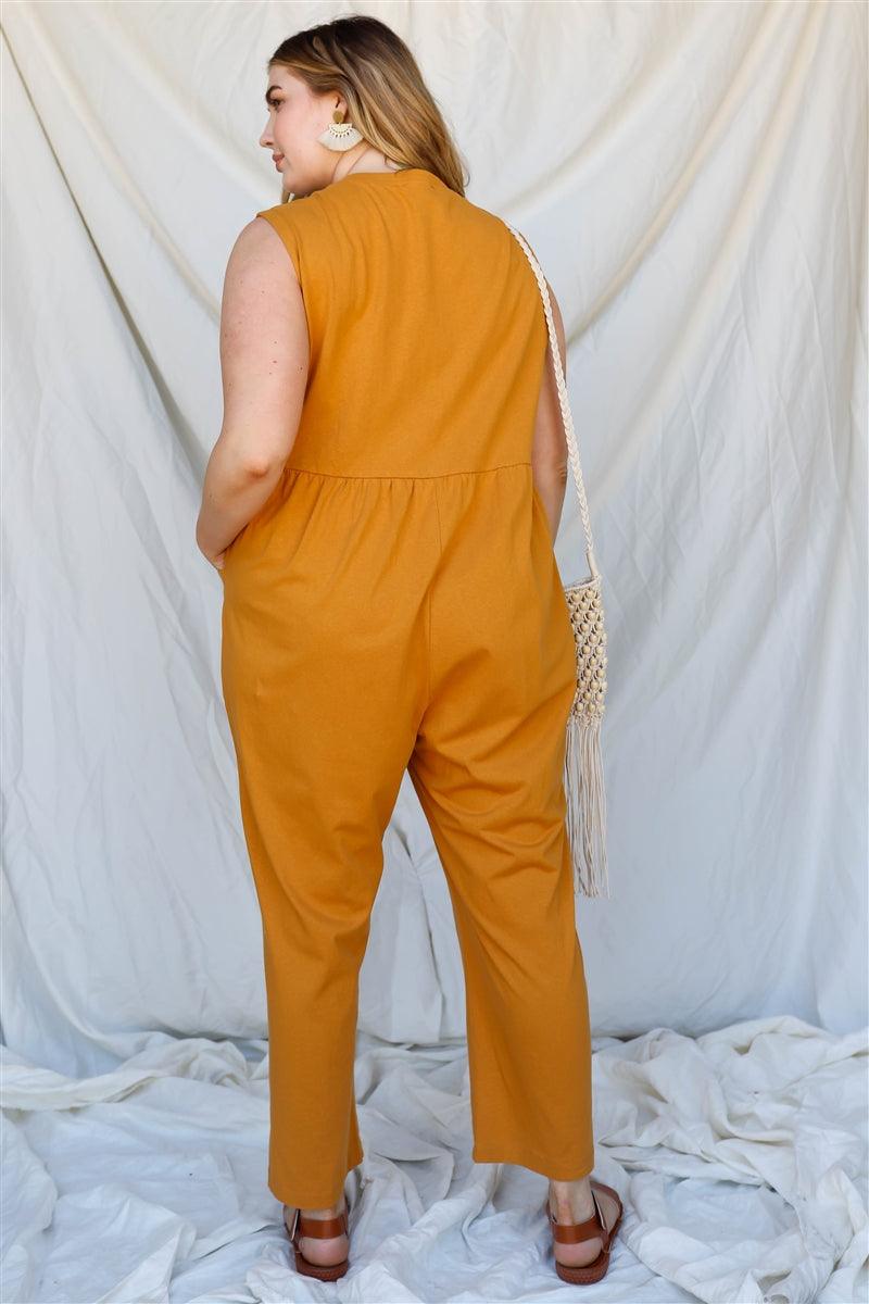 Plus Cotton Front Button Up Detail Sleeveless Jumpsuit - Leur Beau Monde Boutique