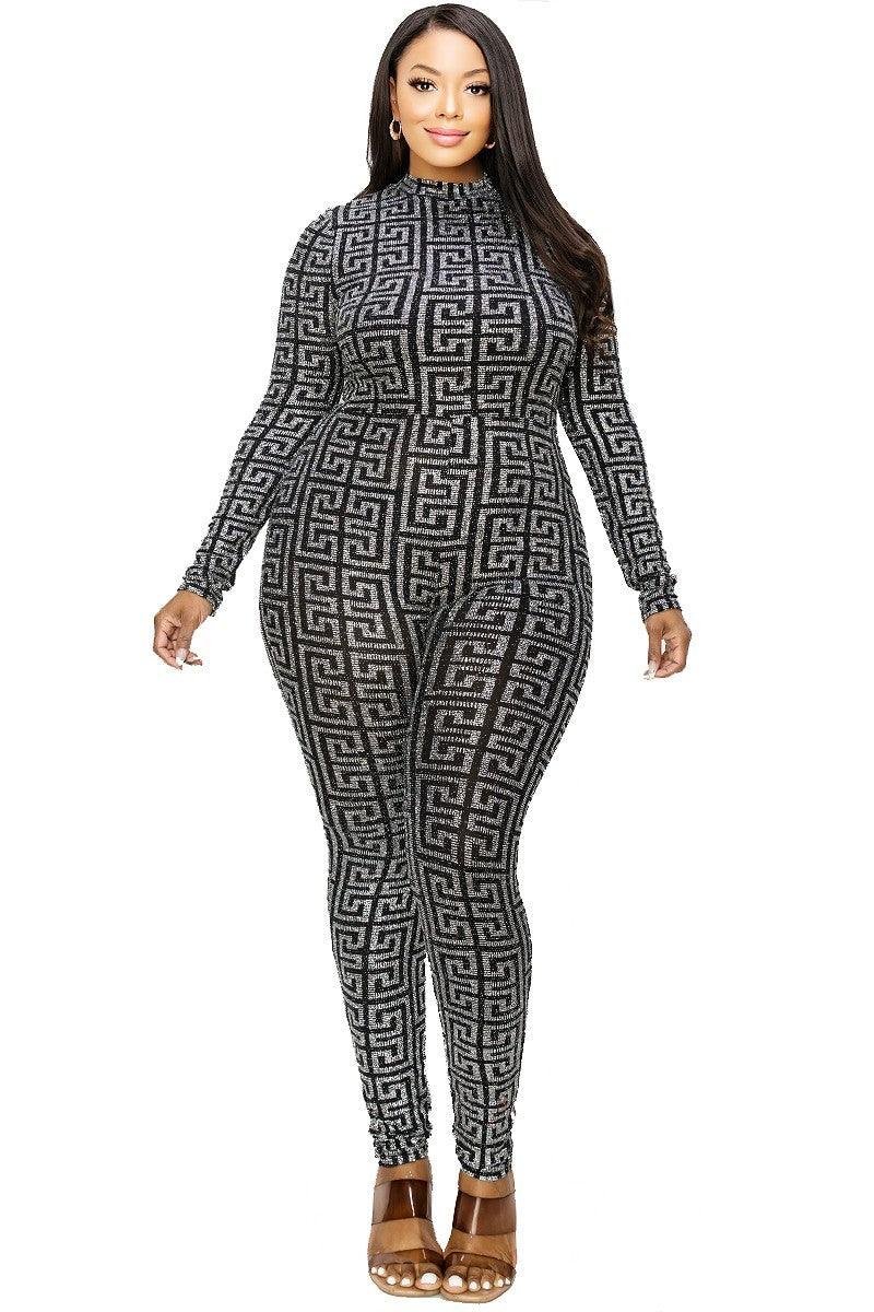 Plus Geo Pattern Glitter Printed Jumpsuit - Leur Beau Monde Boutique