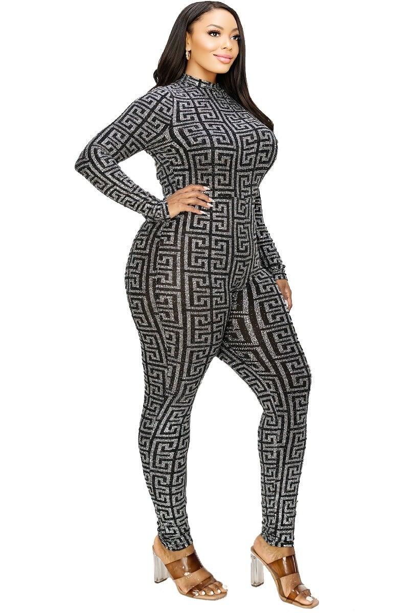 Plus Geo Pattern Glitter Printed Jumpsuit - Leur Beau Monde Boutique