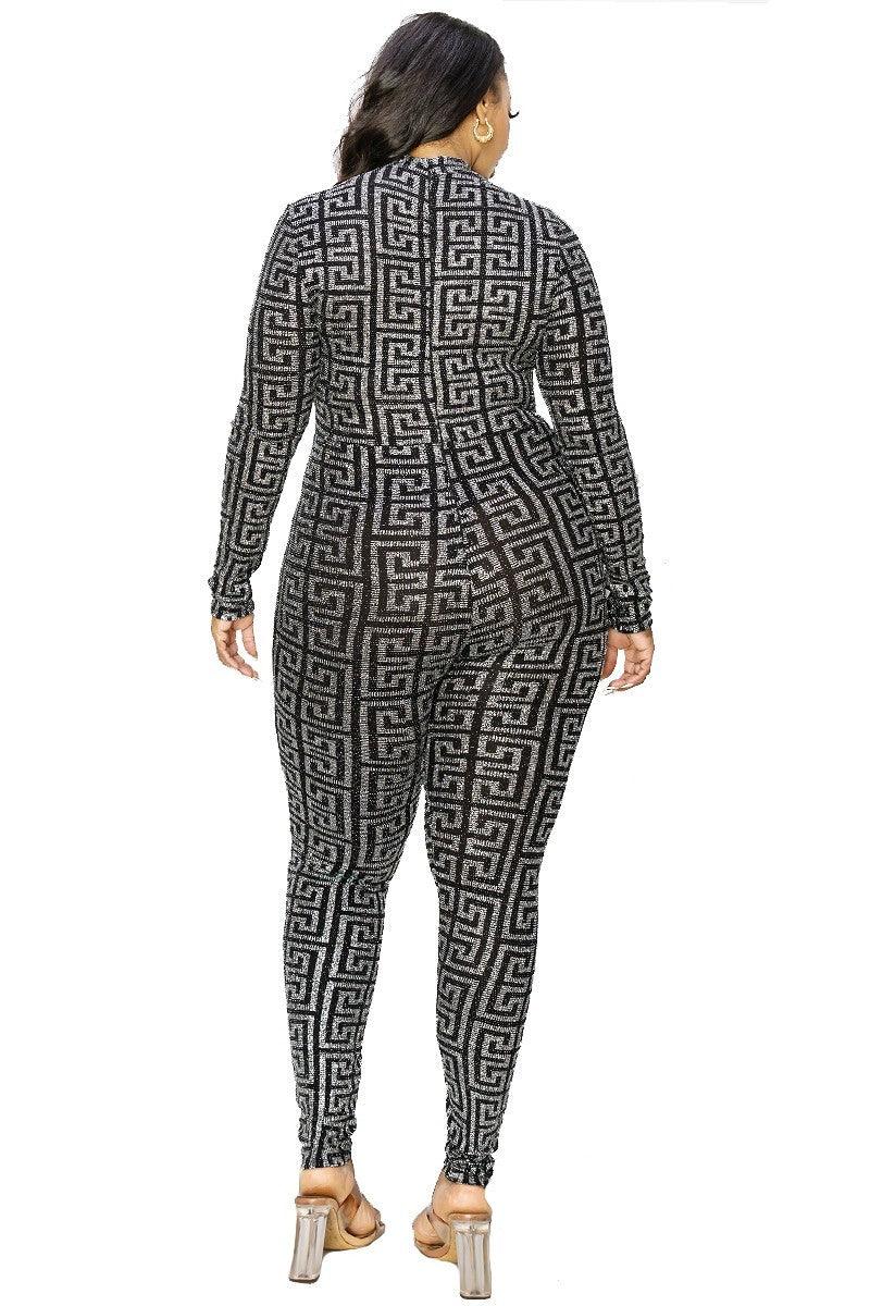 Plus Geo Pattern Glitter Printed Jumpsuit - Leur Beau Monde Boutique