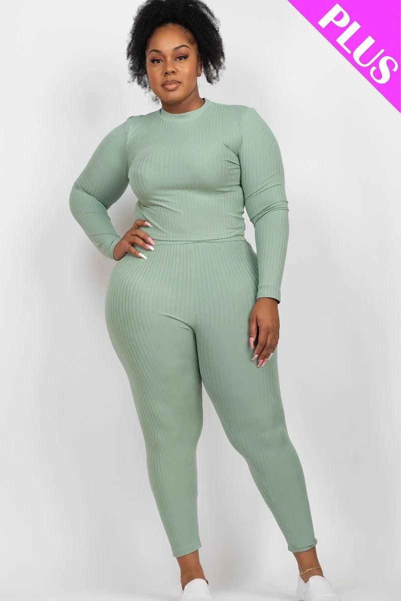 Plus Ribbed Mock Neck Long Sleeve Top & Leggings Set - Leur Beau Monde Boutique