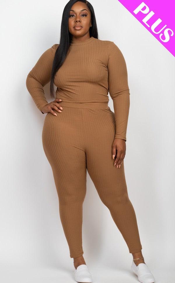 Plus Ribbed Mock Neck Long Sleeve Top & Leggings Set - Leur Beau Monde Boutique