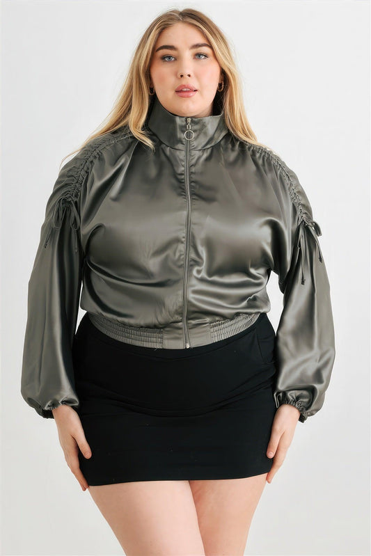 Plus Satin Zip-up Ruched Long Sleeve Cropped Bomber Jacket - Leur Beau Monde Boutique