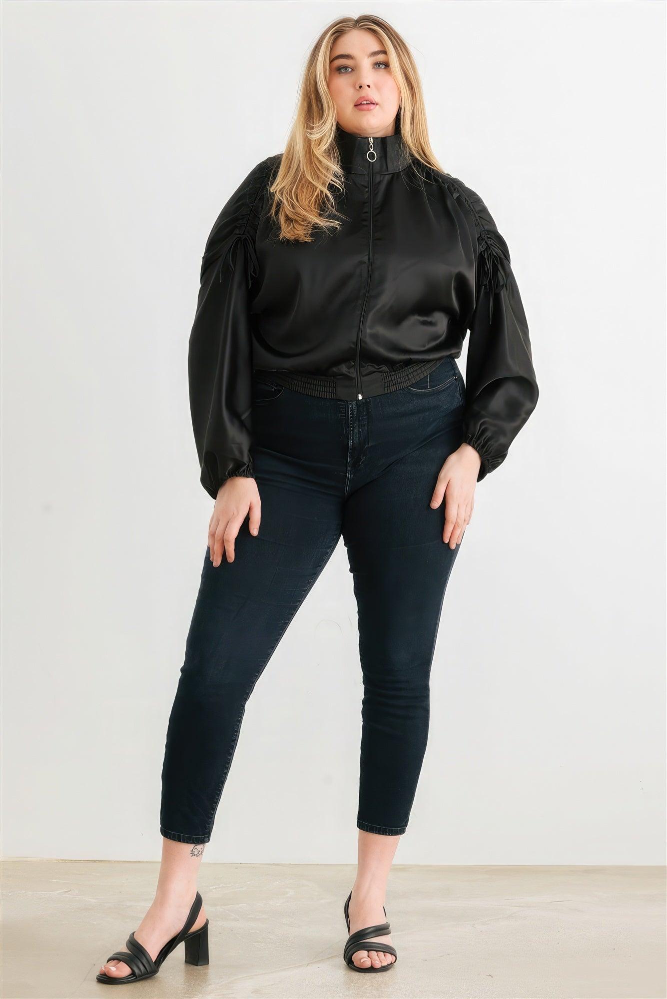 Plus Satin Zip-up Ruched Long Sleeve Cropped Bomber Jacket - Leur Beau Monde Boutique