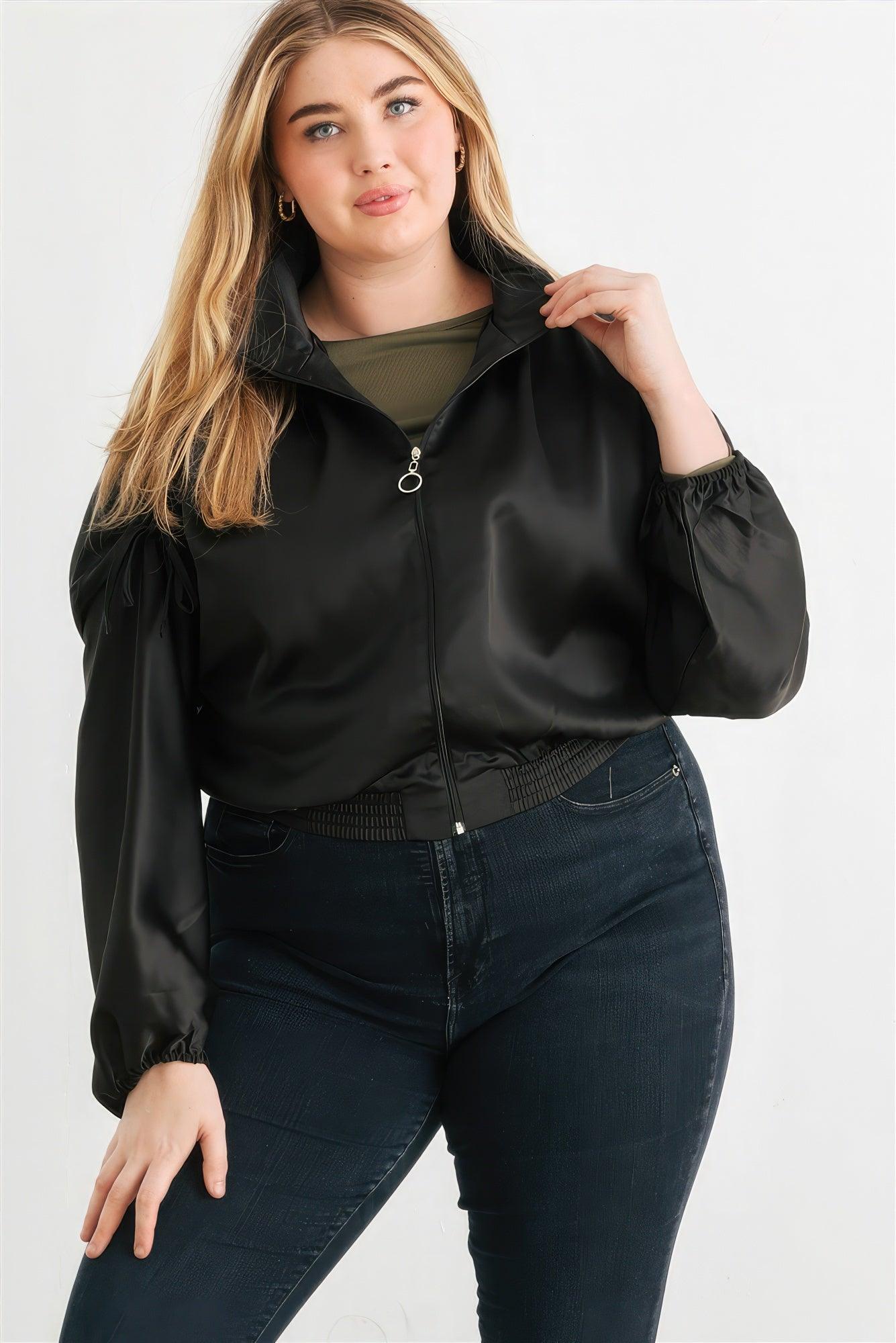 Plus Satin Zip-up Ruched Long Sleeve Cropped Bomber Jacket - Leur Beau Monde Boutique