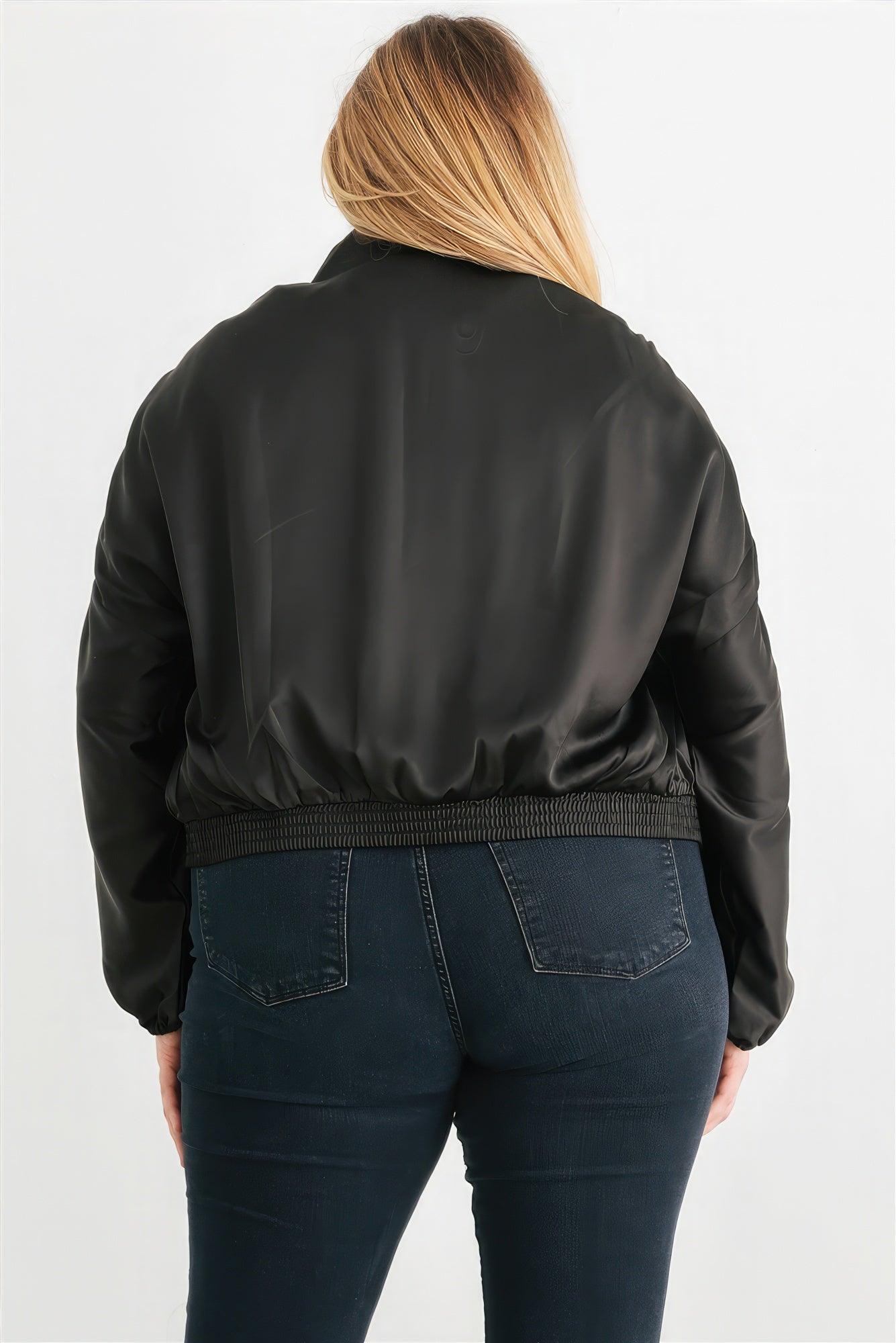 Plus Satin Zip-up Ruched Long Sleeve Cropped Bomber Jacket - Leur Beau Monde Boutique