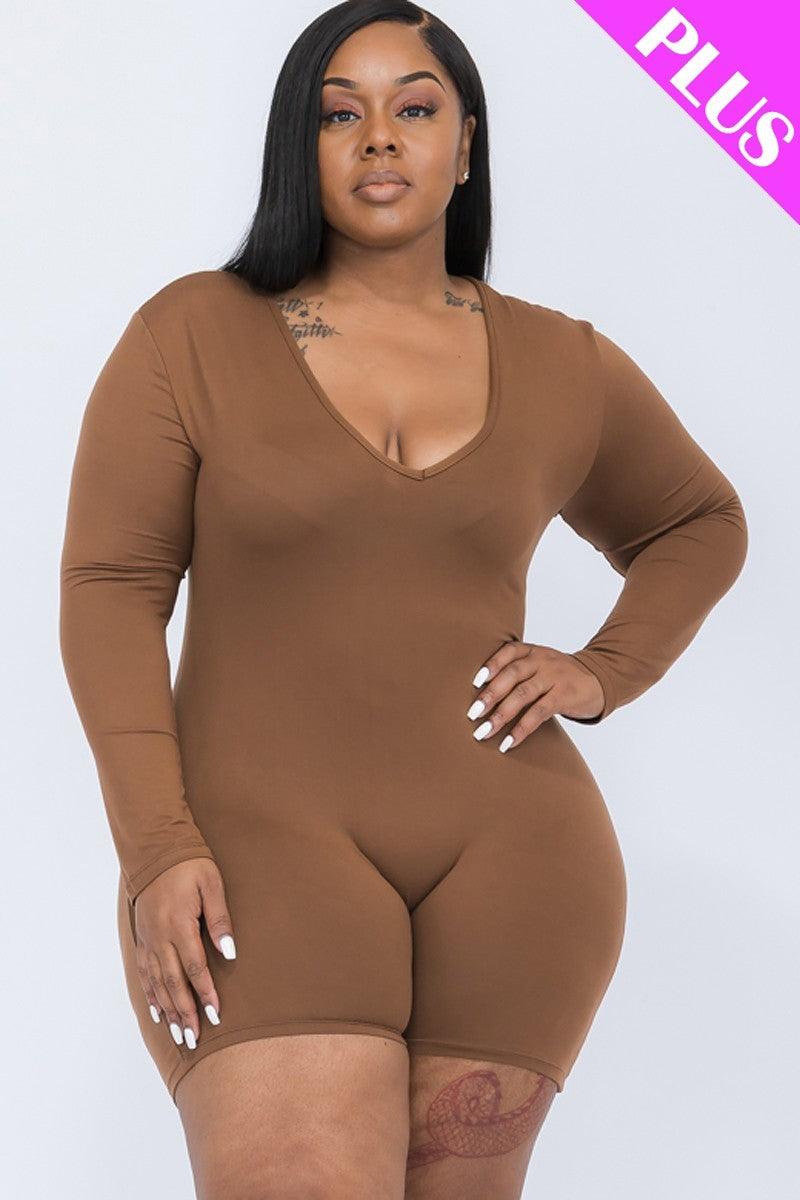 Plus V-neck Long Sleeve Bodycon Romper - Leur Beau Monde Boutique