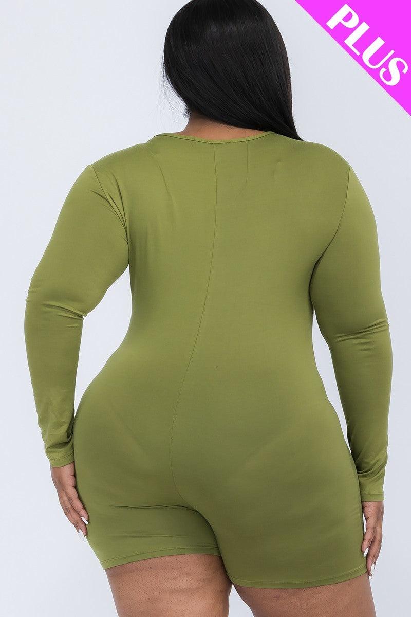 Plus V-neck Long Sleeve Bodycon Romper - Leur Beau Monde Boutique