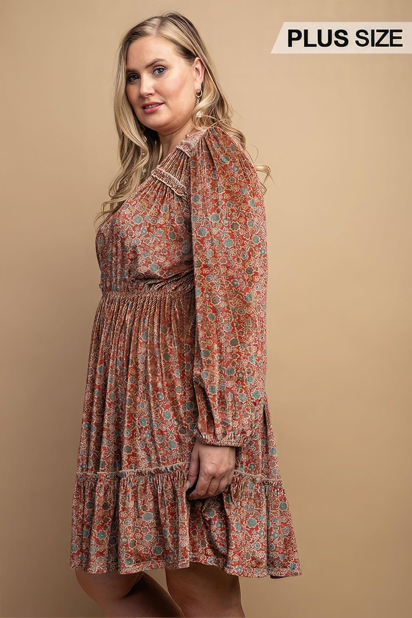 Printed Velvet V-neck Dress With Button Front Detail - Leur Beau Monde Boutique