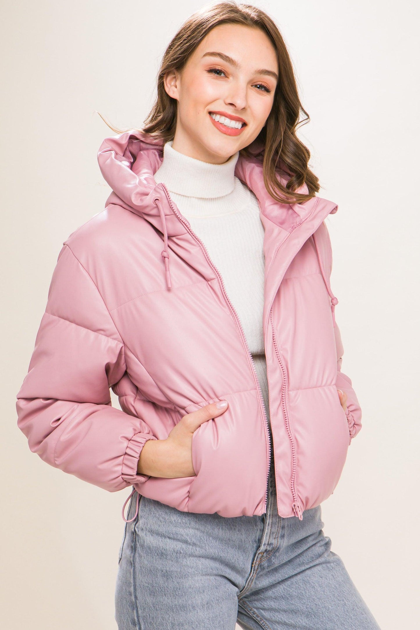 Pu Faux Leather Zipper Hooded Puffer Jacket - Leur Beau Monde Boutique