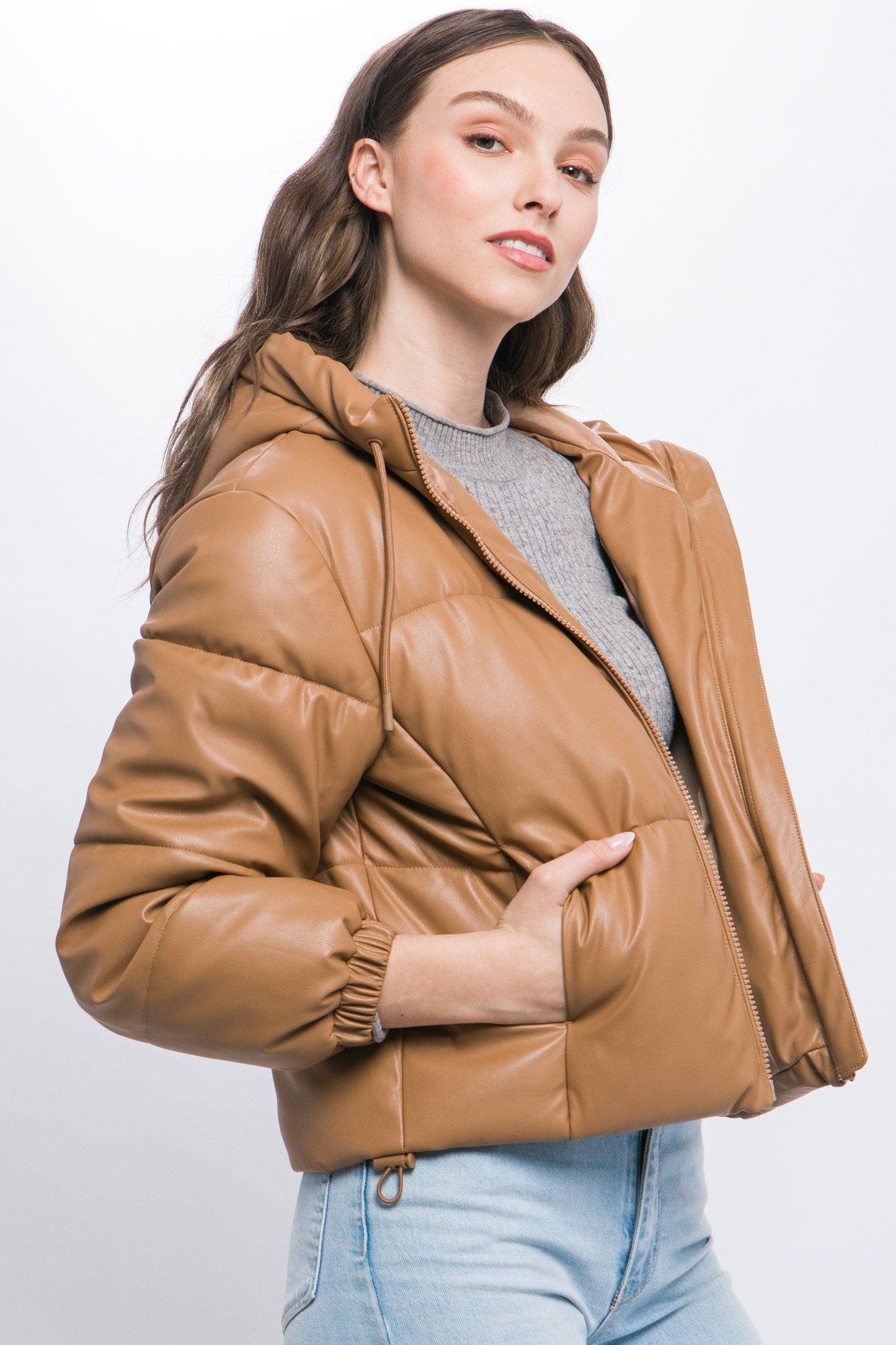 Pu Faux Leather Zipper Hooded Puffer Jacket - Leur Beau Monde Boutique