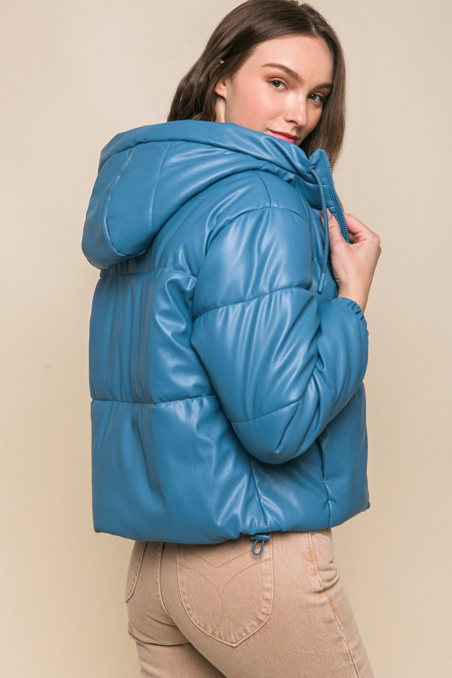 Pu Faux Leather Zipper Hooded Puffer Jacket - Leur Beau Monde Boutique