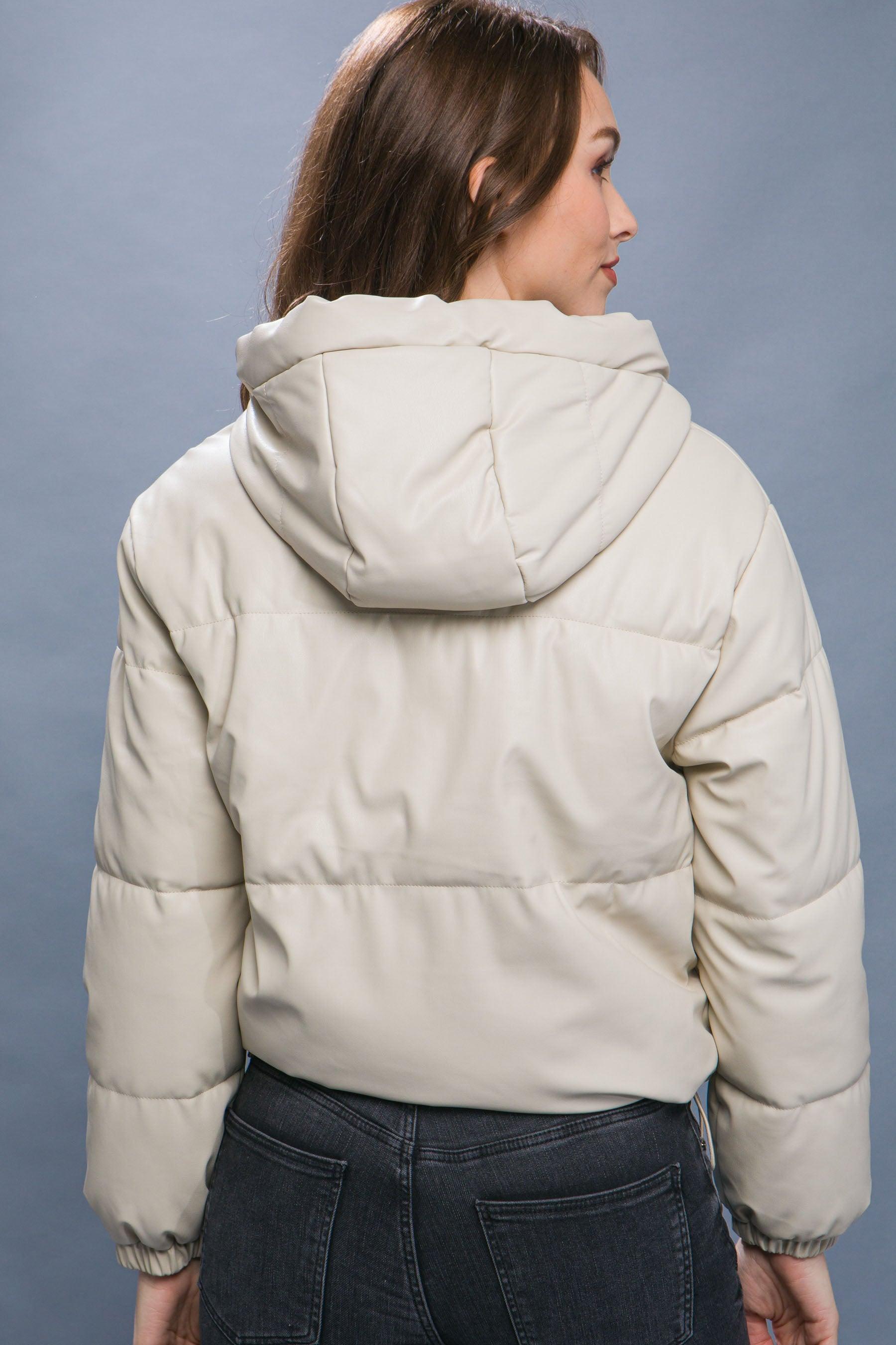 Pu Faux Leather Zipper Hooded Puffer Jacket - Leur Beau Monde Boutique