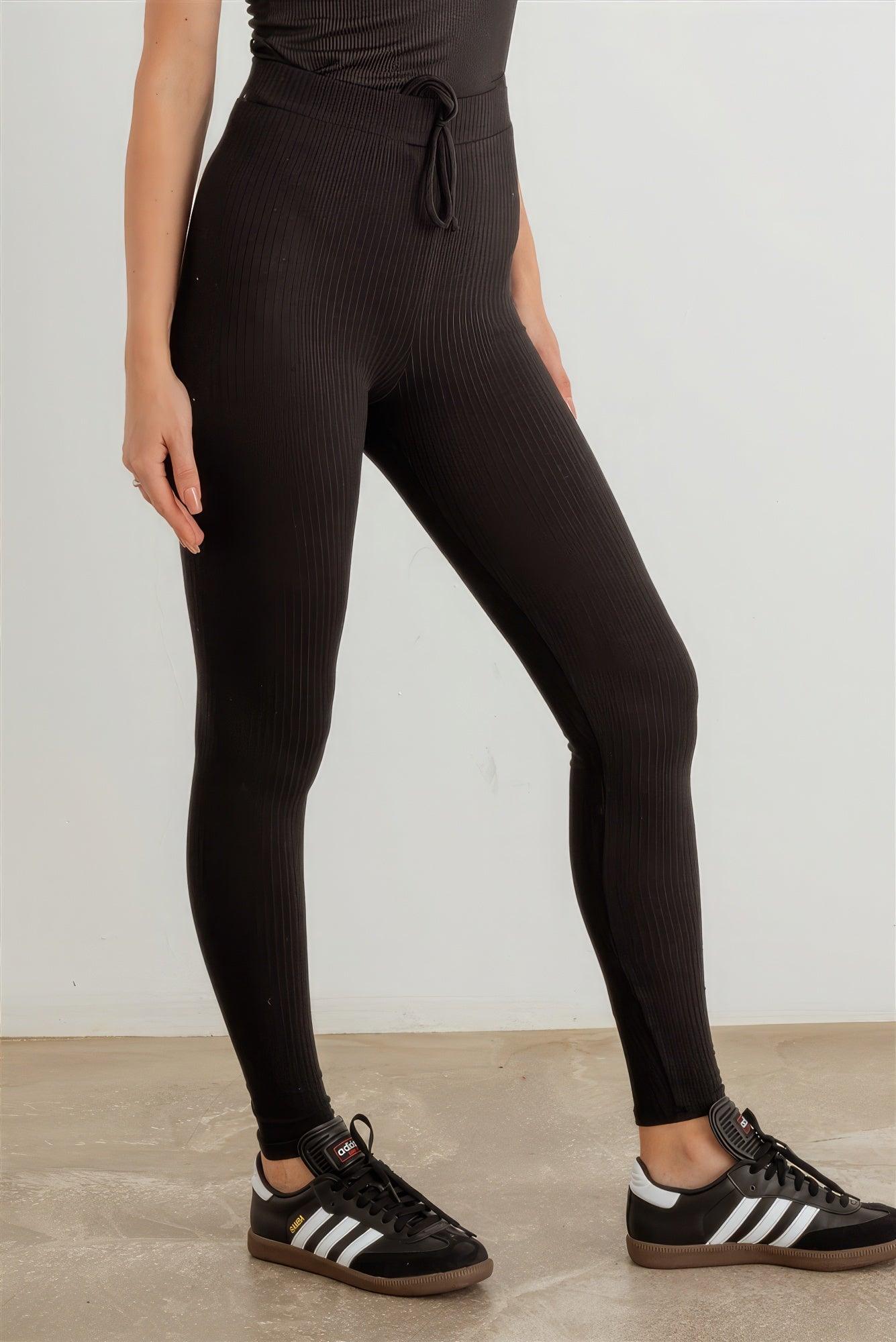 Ribbed High Waist Drawstring Leggings - Leur Beau Monde Boutique