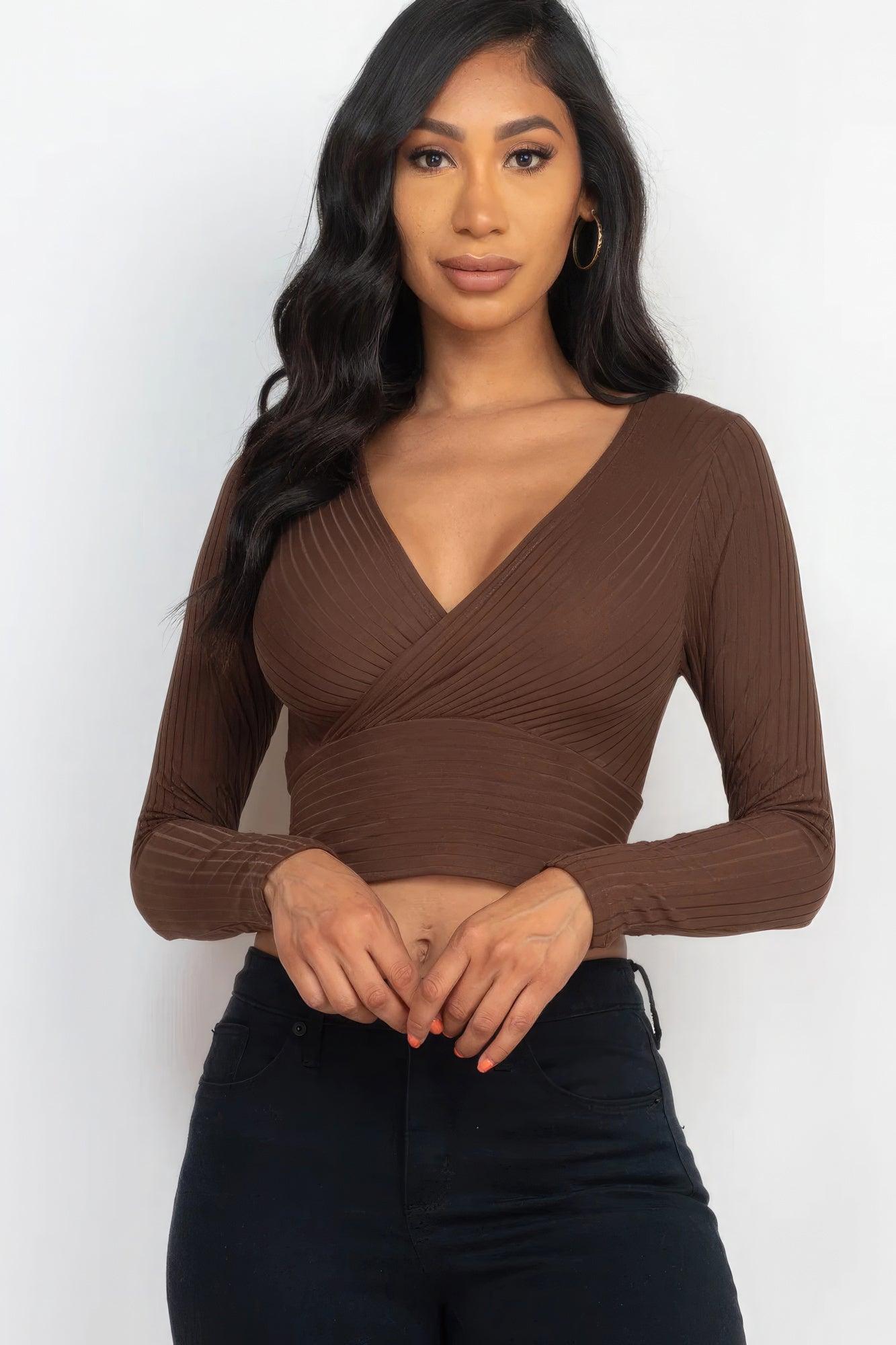 Ribbed Wrap Front Long Sleeve Top - Leur Beau Monde Boutique