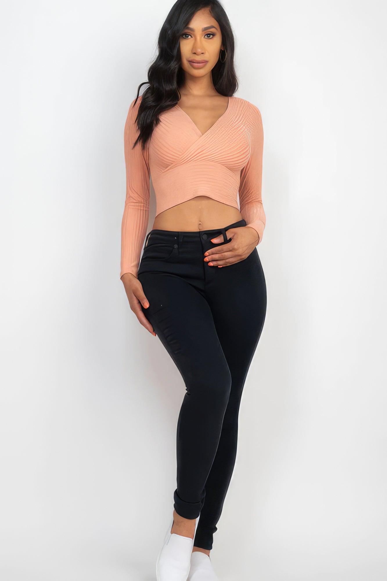 Ribbed Wrap Front Long Sleeve Top - Leur Beau Monde Boutique