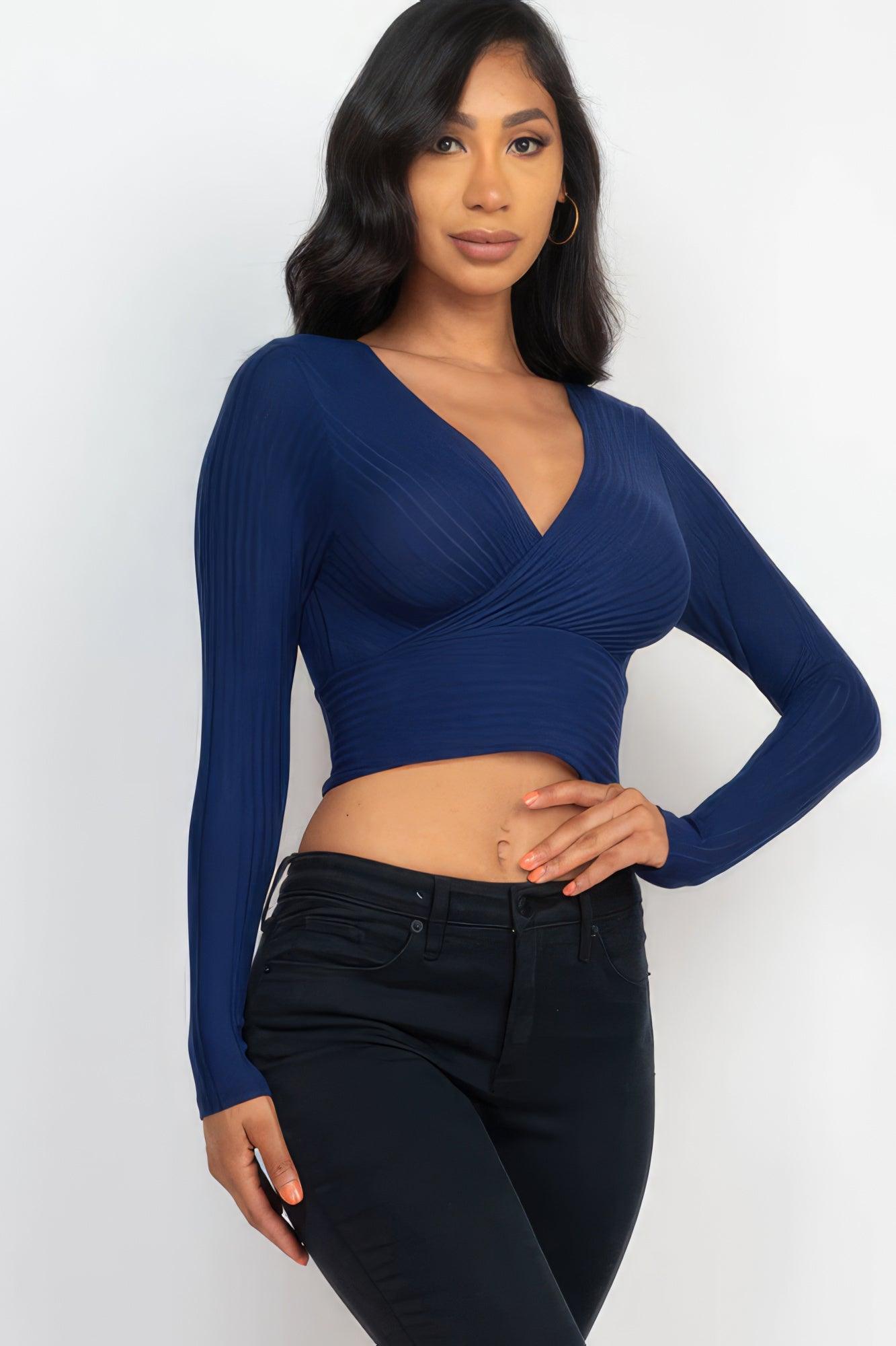 Ribbed Wrap Front Long Sleeve Top - Leur Beau Monde Boutique