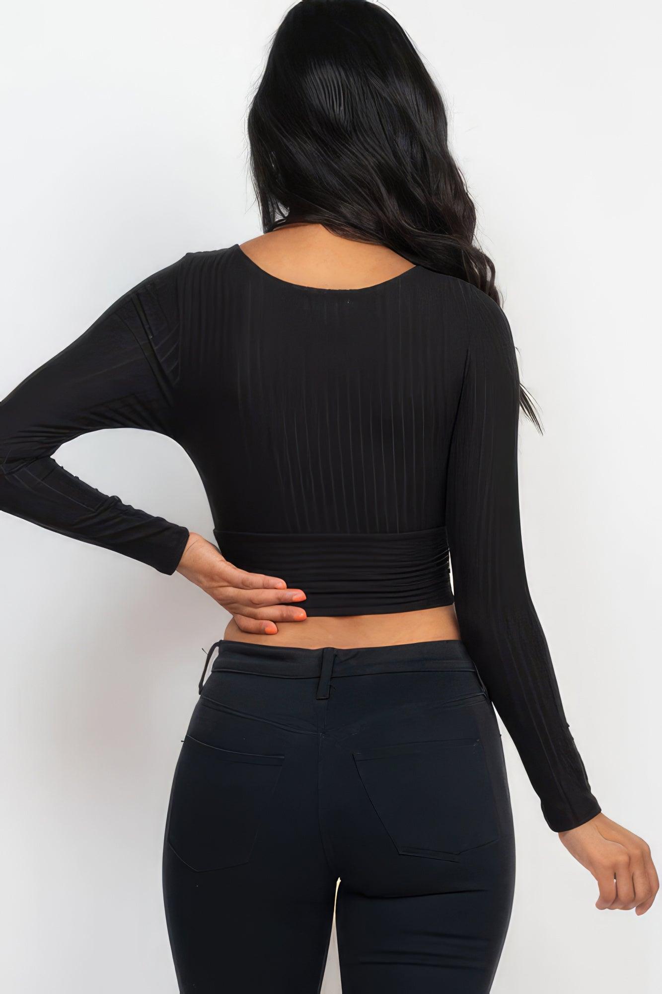 Ribbed Wrap Front Long Sleeve Top - Leur Beau Monde Boutique