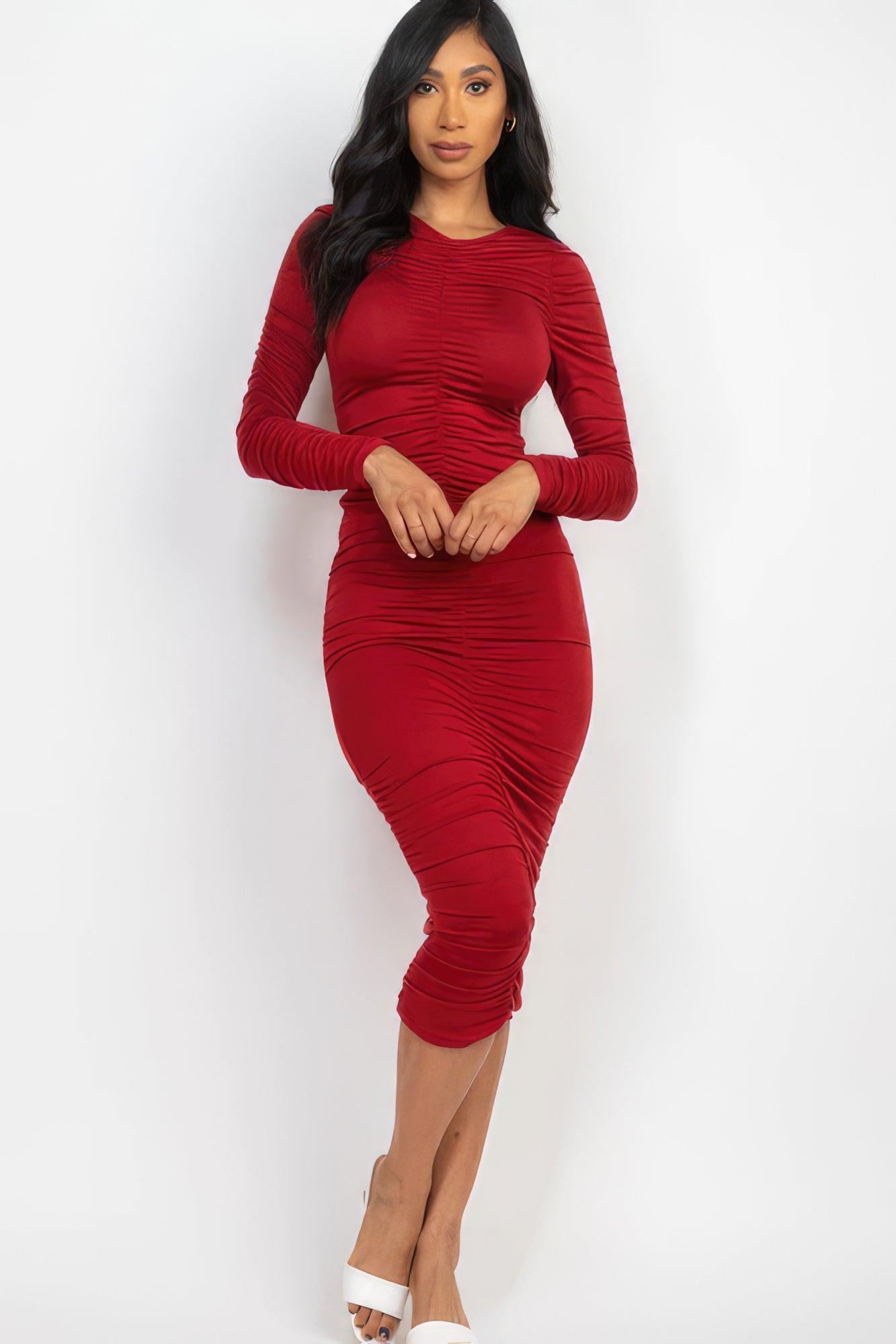 Ruched Long Sleeve Midi Dress - Leur Beau Monde Boutique