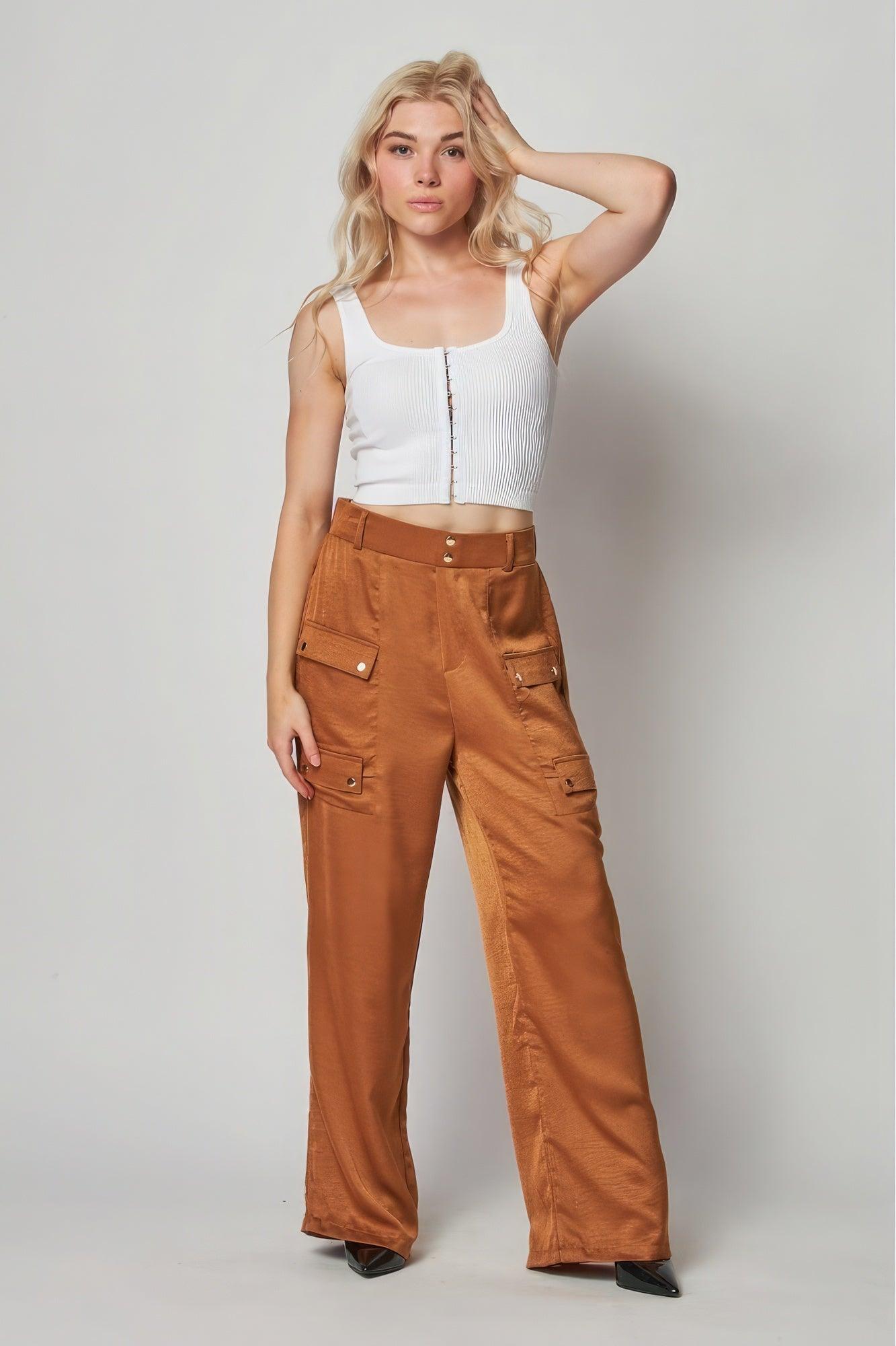 Satin Cargo Pocket Wide Leg Pants - Leur Beau Monde Boutique