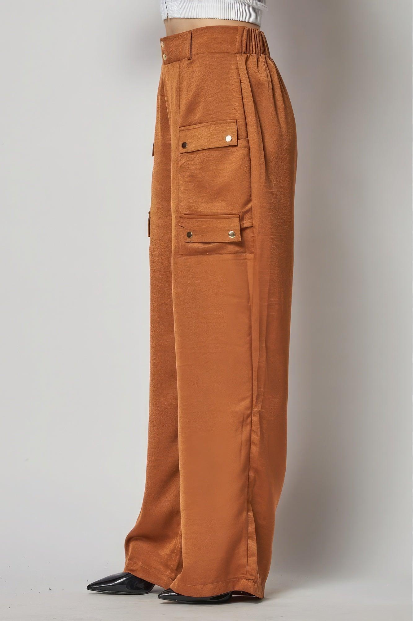 Satin Cargo Pocket Wide Leg Pants - Leur Beau Monde Boutique