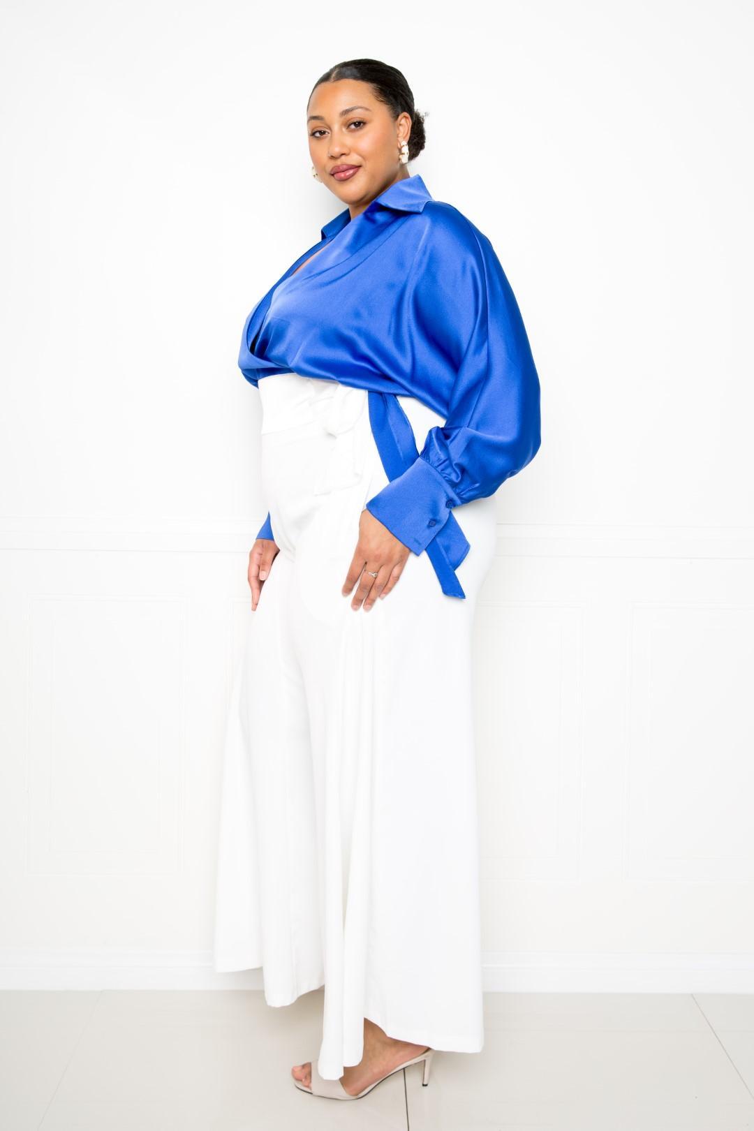 Satin Long Sleeve Tie Waist Wrap Top - Leur Beau Monde Boutique