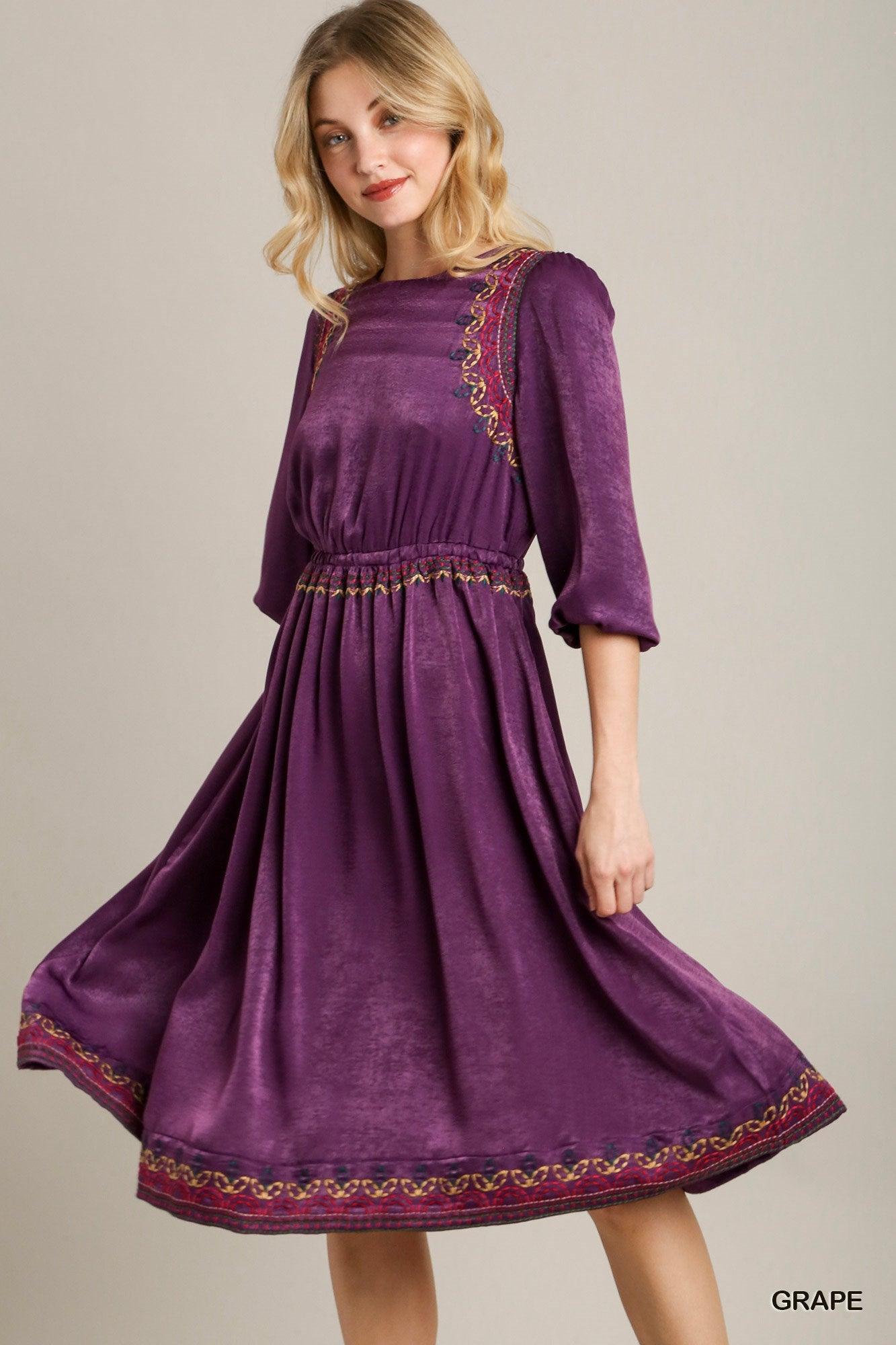 Satin Round Neck Embroidery Midi Dress - Leur Beau Monde Boutique