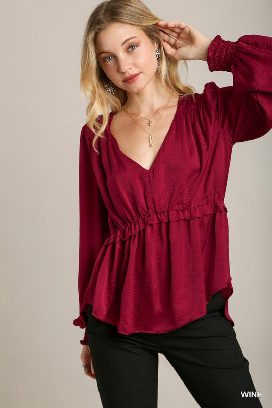 Satin V-neck Ruffle Baby Doll Top With Cuffed Long Sleeve - Leur Beau Monde Boutique