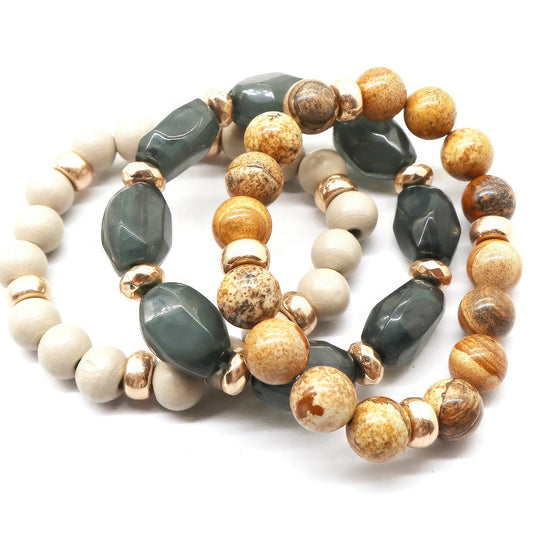 Semi Precious Stone Wood Bead Bracelet Set - Leur Beau Monde Boutique