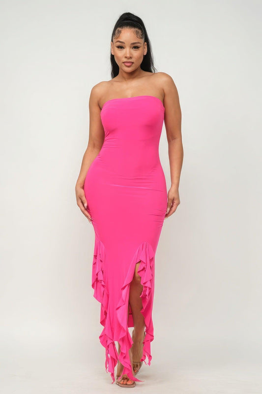 Solid Bottom Ruffle Trim Hem Slit Tube Maxi Dress - Leur Beau Monde Boutique