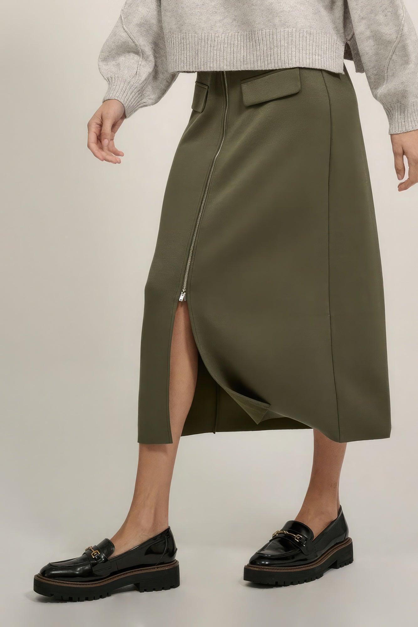 Solid High Waist Zipper Front Slit Midi Skirt - Leur Beau Monde Boutique