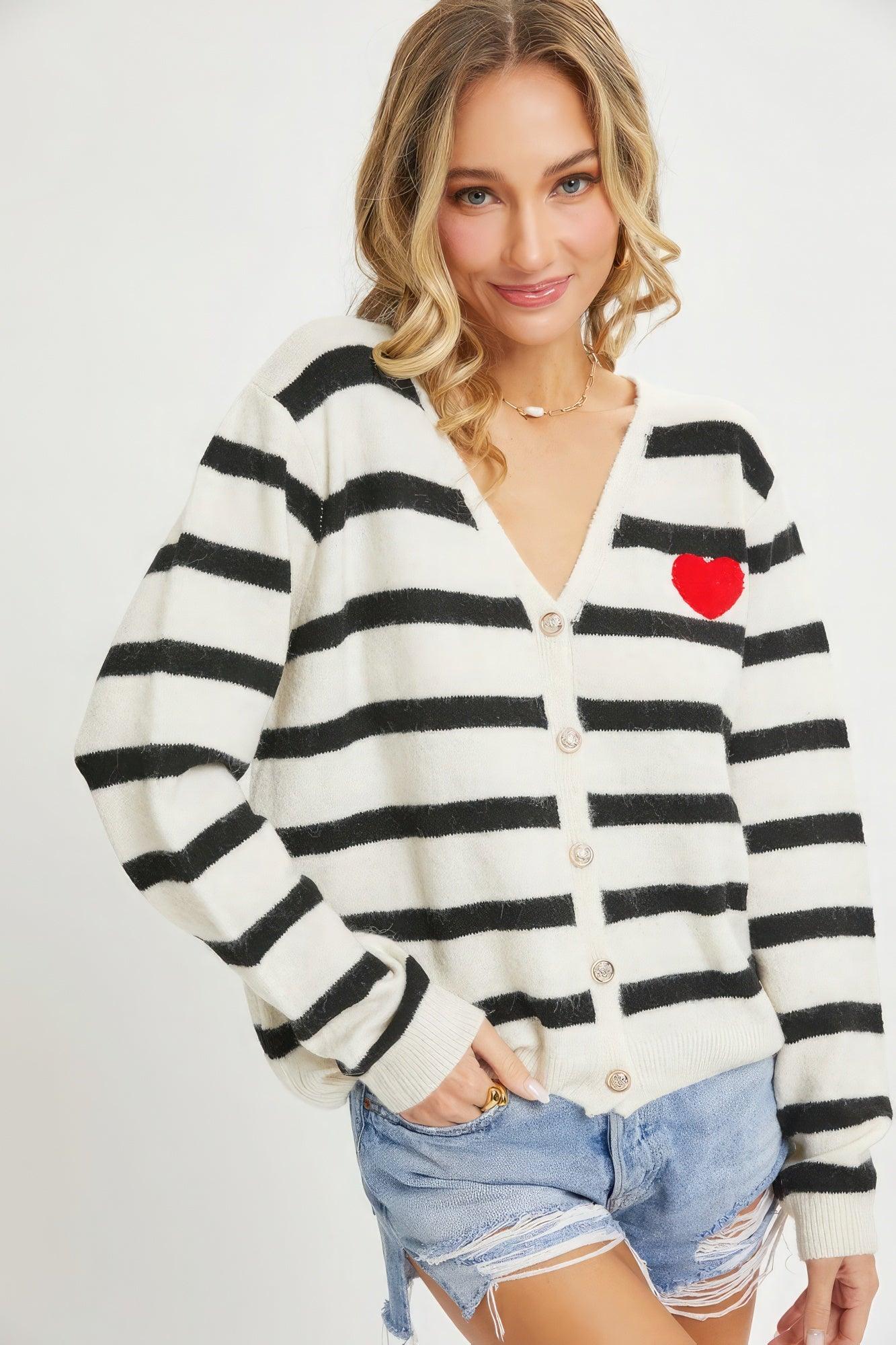 Striped Cardigan With Heart Patch - Leur Beau Monde Boutique