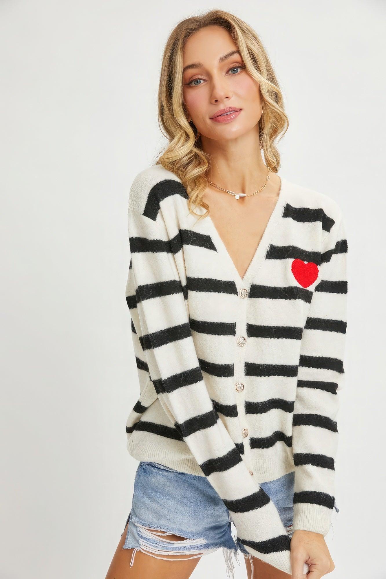 Striped Cardigan With Heart Patch - Leur Beau Monde Boutique