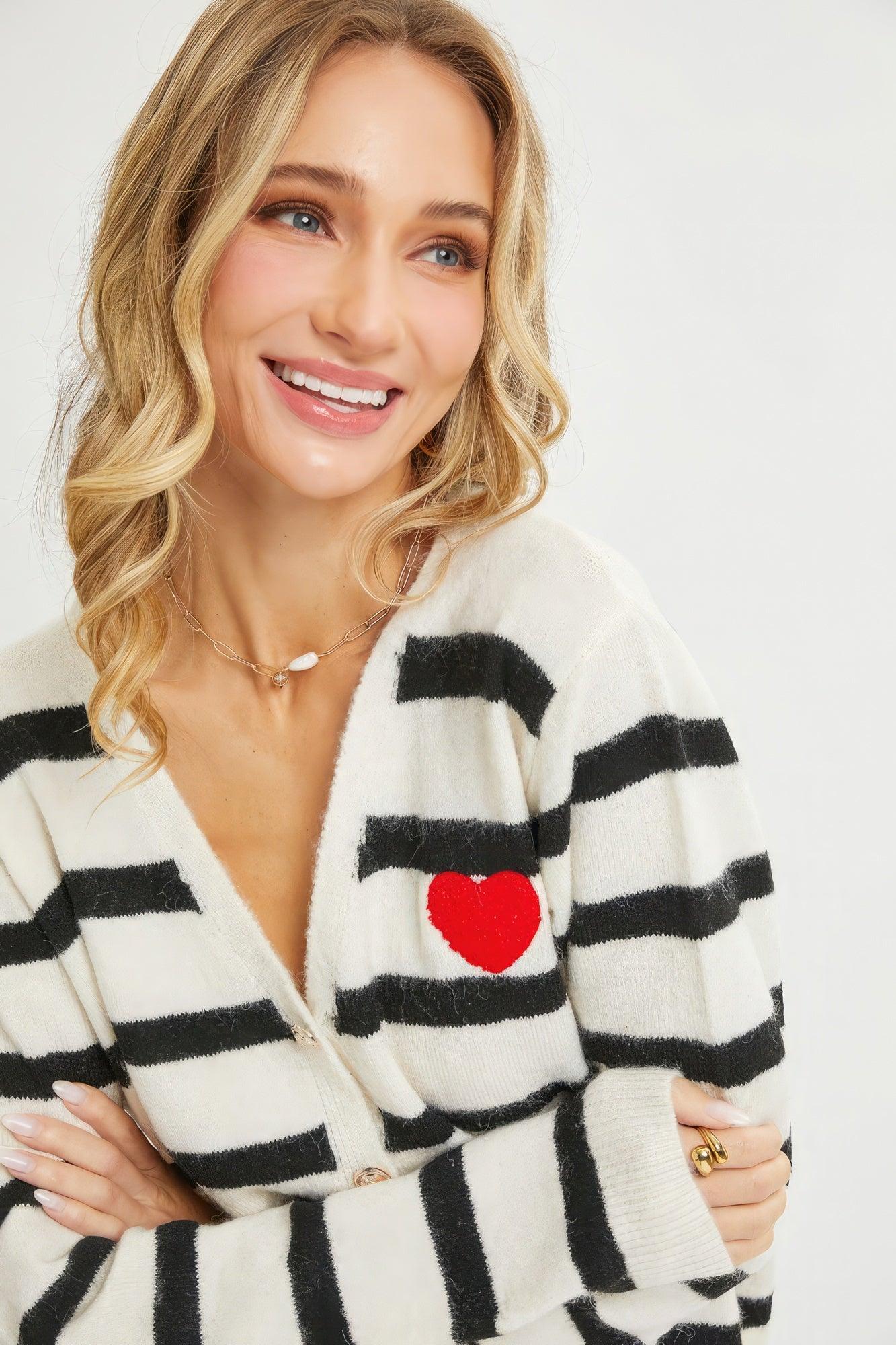 Striped Cardigan With Heart Patch - Leur Beau Monde Boutique