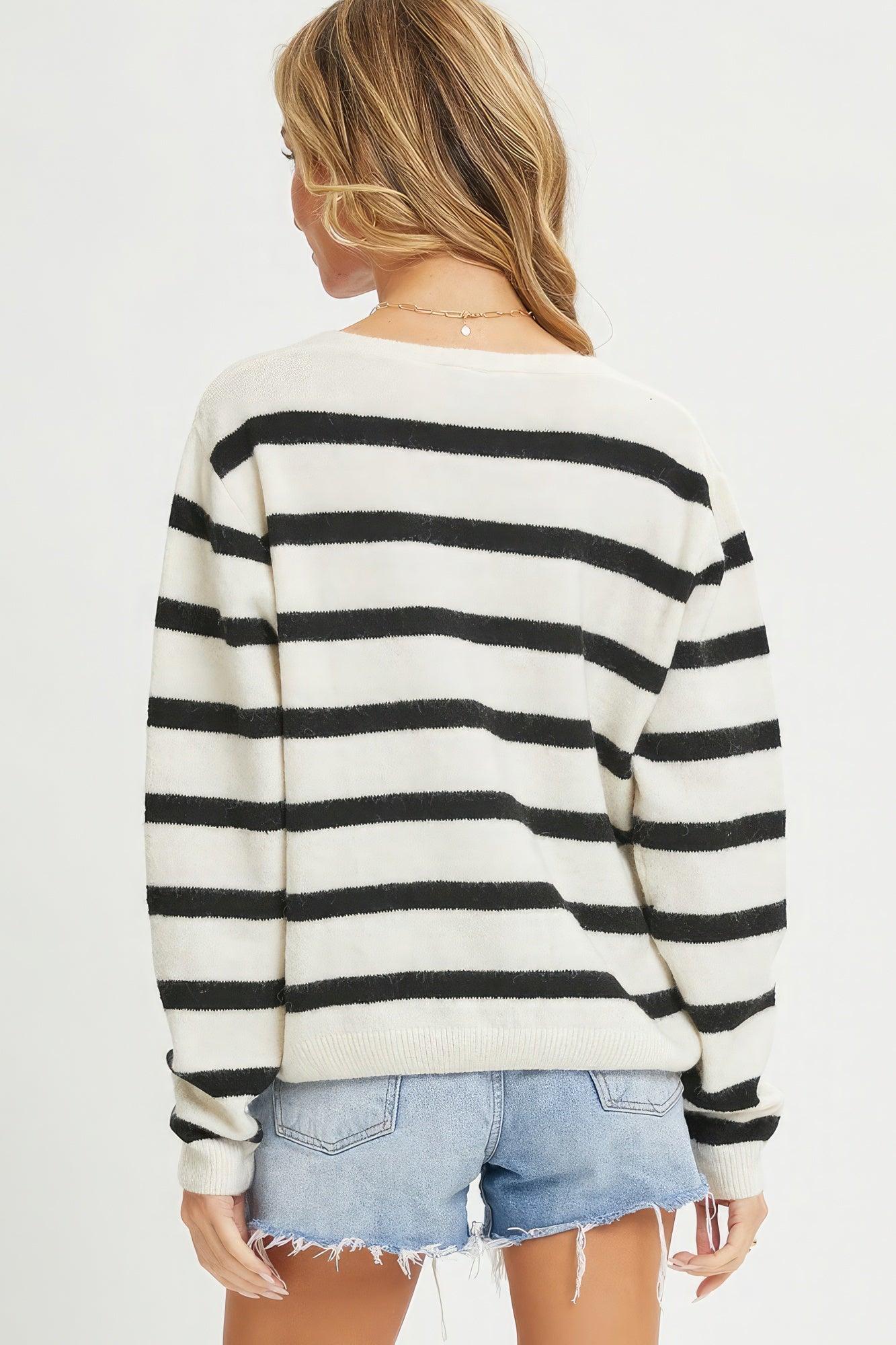 Striped Cardigan With Heart Patch - Leur Beau Monde Boutique