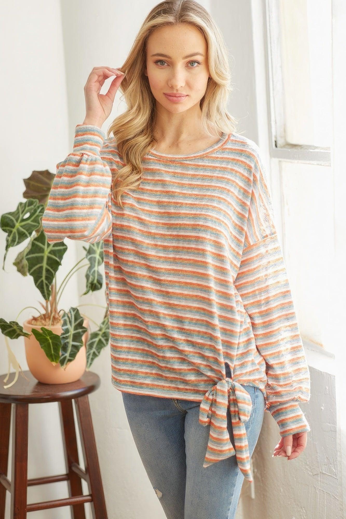 Striped Self Tie Longsleeve Top - Leur Beau Monde Boutique