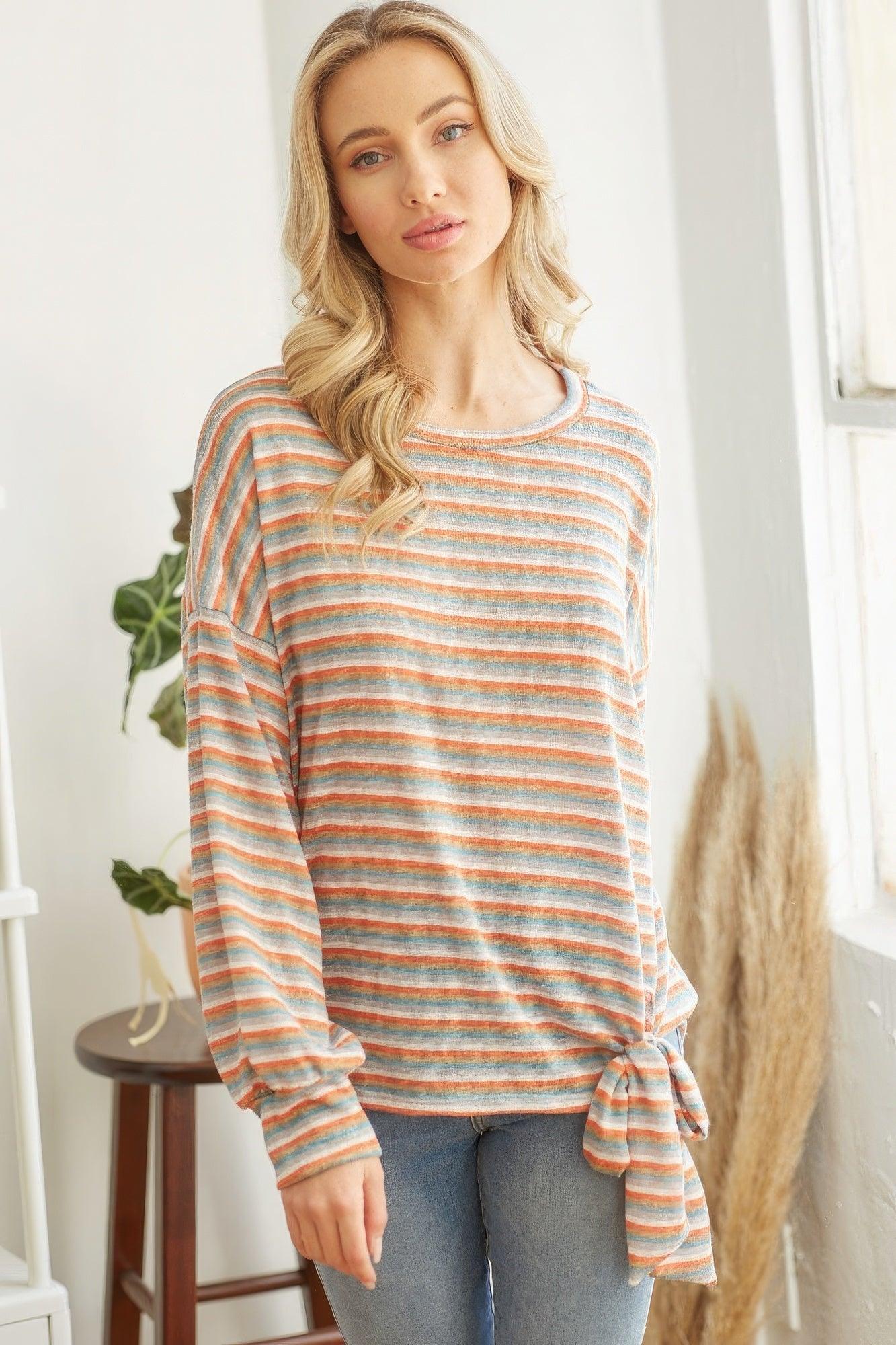 Striped Self Tie Longsleeve Top - Leur Beau Monde Boutique