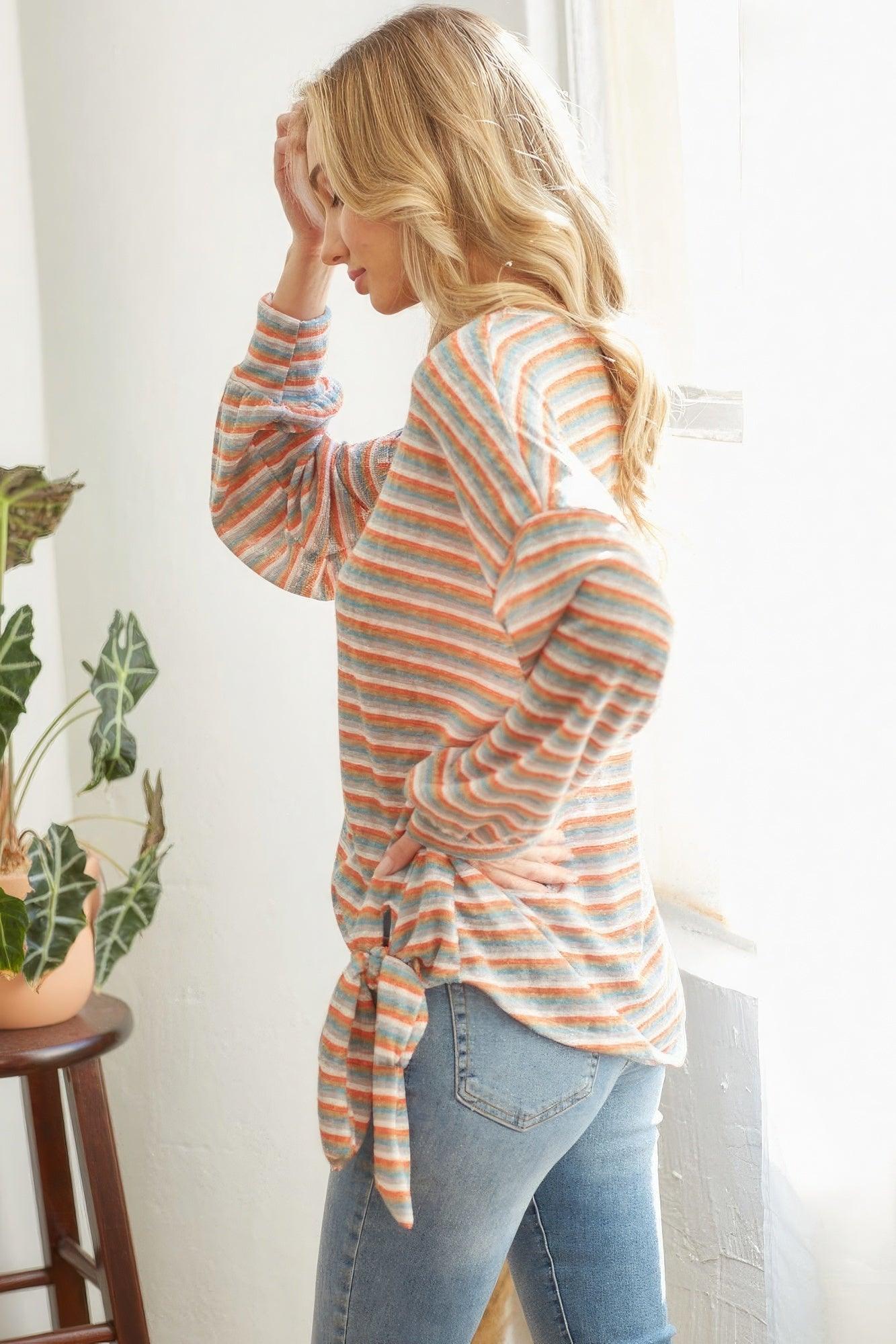 Striped Self Tie Longsleeve Top - Leur Beau Monde Boutique