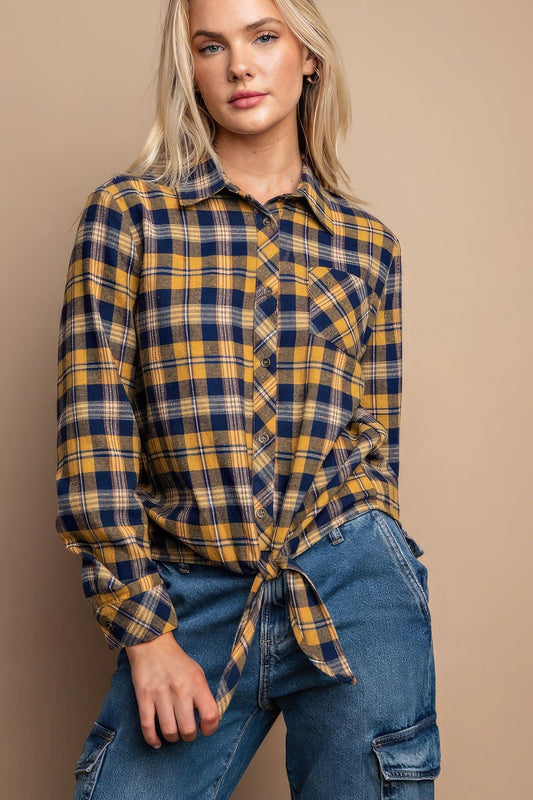 Tie Front Button Down Plaid Shirt With Front Pocket - Leur Beau Monde Boutique